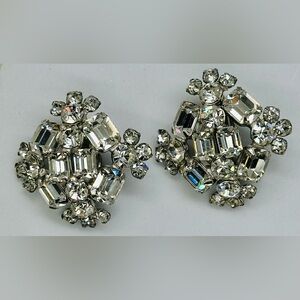 Huge Vintage Rhinestone Crystal Clip Earrings Pat Pending Icy Statement